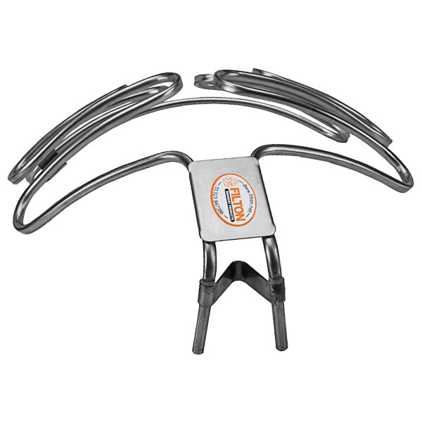 A stainless steel cooling loop for a firkin with metal hooks and a wire handle.