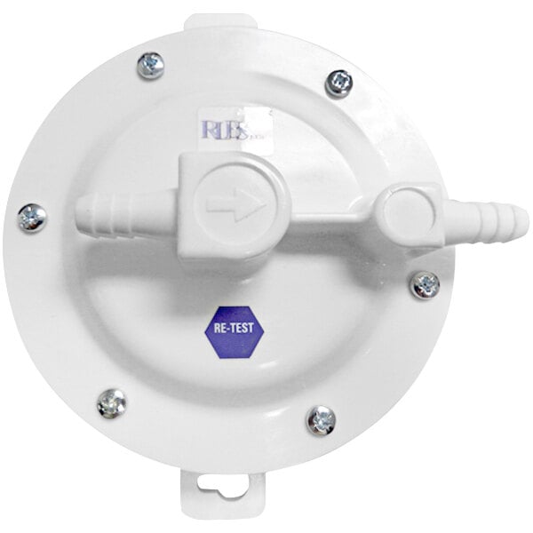 A white round Micro Matic Cask Breather with a blue valve handle.