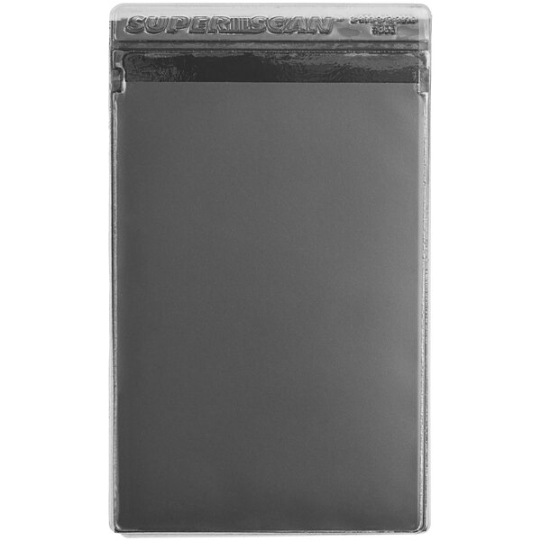 A grey rectangular magnetic label holder in a plastic bag with a black cover.