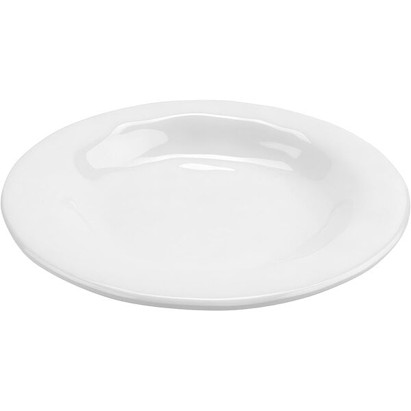 A white irregular round melamine bowl with a curved pattern on the surface.