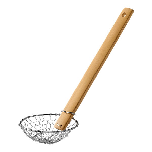 A wire mesh strainer with a wooden handle.