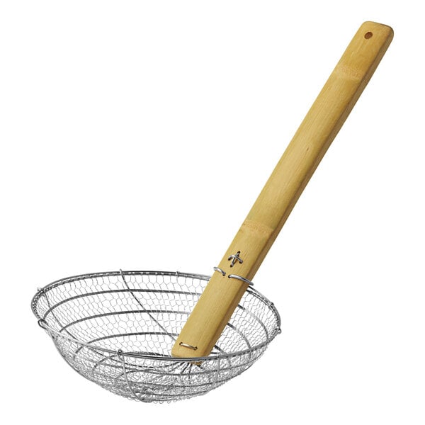 An Emperor's Select wire mesh skimmer with a bamboo handle.