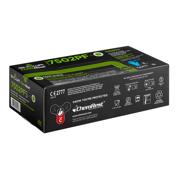 A black box of Showa blue biodegradable nitrile gloves with green and white text.
