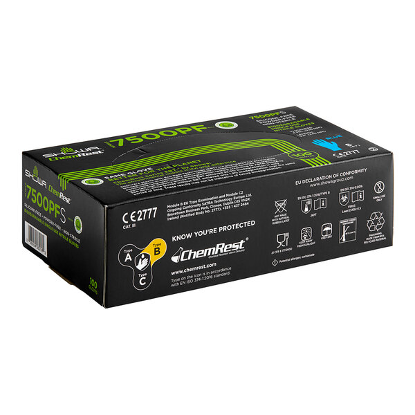 A black box of Showa Blue biodegradable nitrile gloves with white and green text.