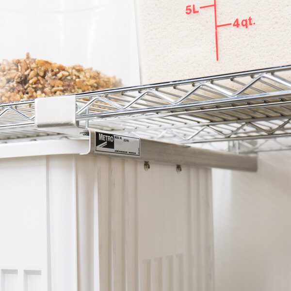 A Metro Super Erecta shelf with a bowl of cereal on it.
