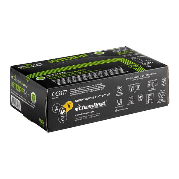 A black Showa box of biodegradable gloves with white and green text.