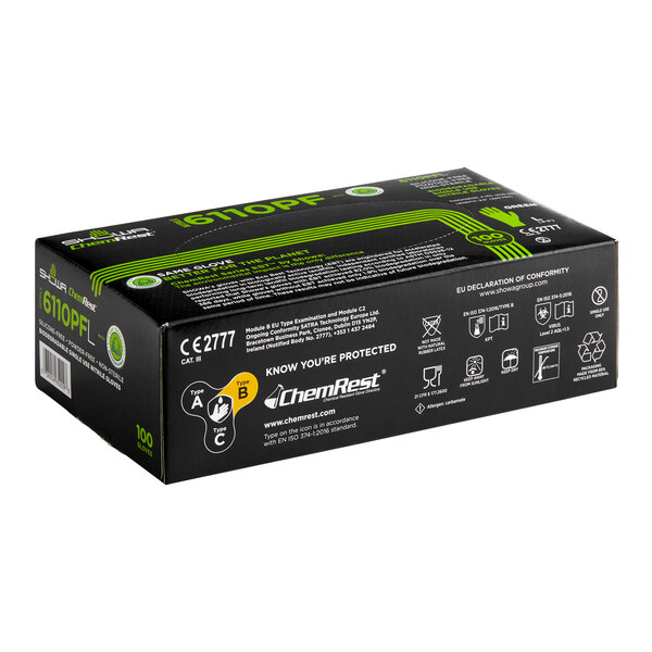 A black box with white and green text for Showa Green Biodegradable Nitrile gloves.