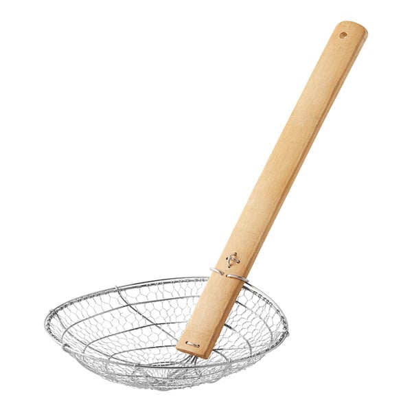 A metal wire mesh skimmer with a bamboo handle.