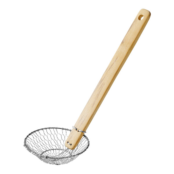 An Emperor's Select wire mesh skimmer with a bamboo handle.