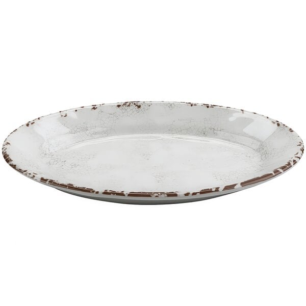 A white GET melamine platter with brown speckled edges.
