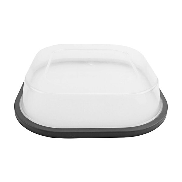A clear polypropylene square lid on a white square container.