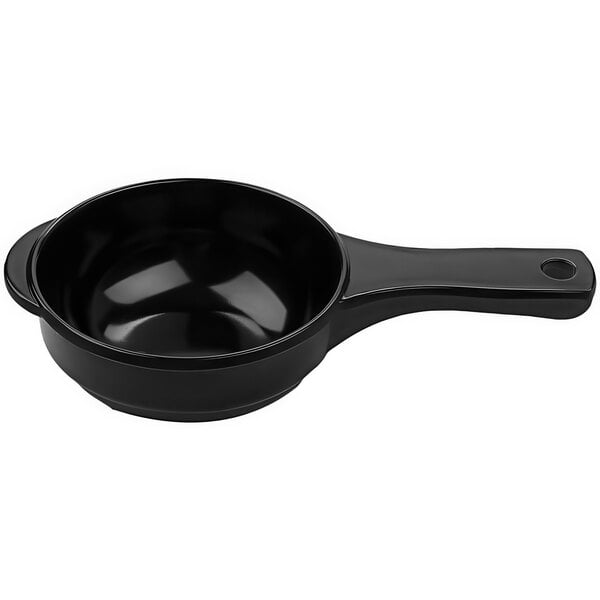 A black melamine bowl with a handle.