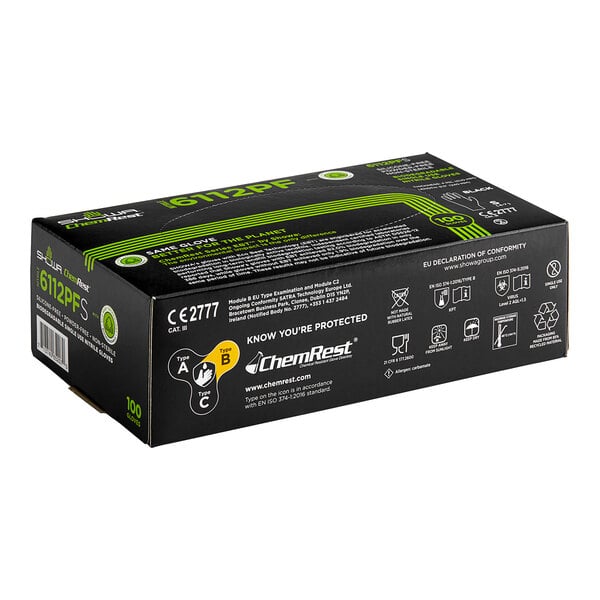 A black box of Showa biodegradable nitrile gloves with green and white text.