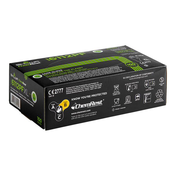 A black box of Showa biodegradable nitrile gloves with white and green text.
