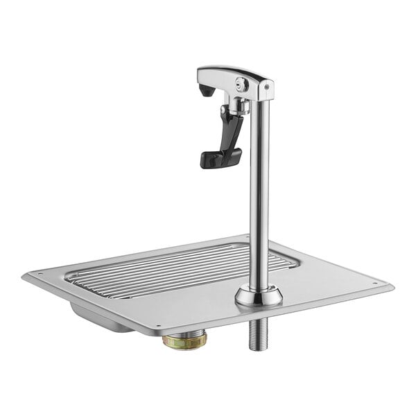 A Regency glass filler station with a silver metal base and black handle.