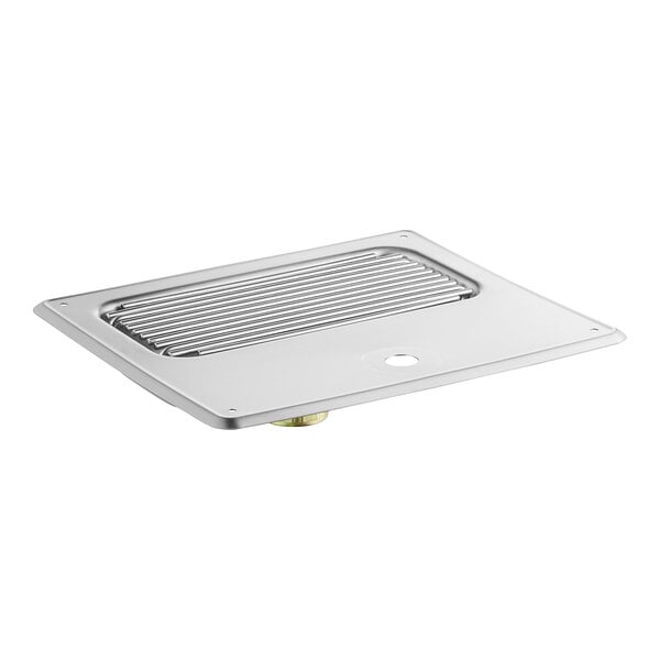 A white rectangular drip pan with a silver square drain cover.