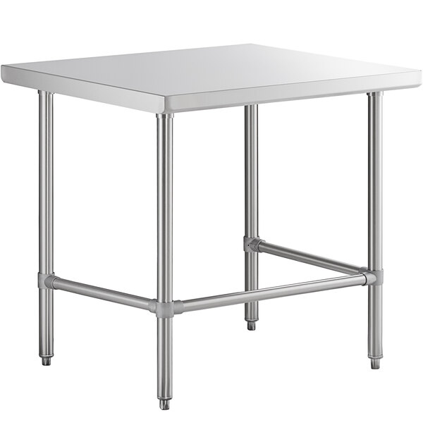 A Regency stainless steel work table with an open base.