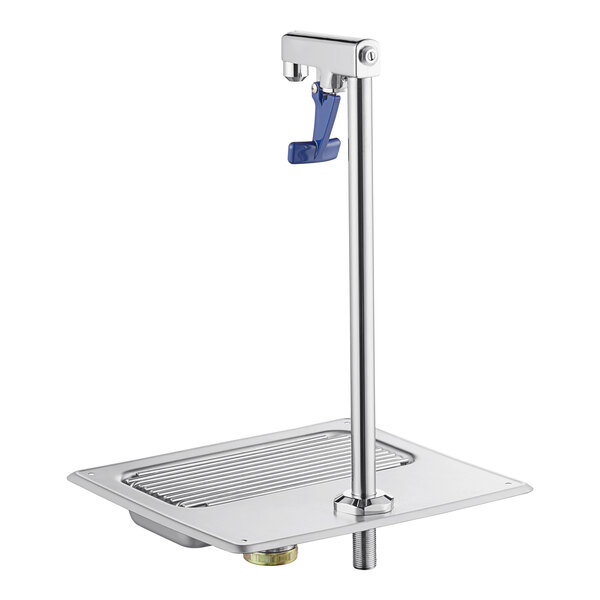 A silver metal stand with a blue handle for a Waterloo Glass Filler Station.