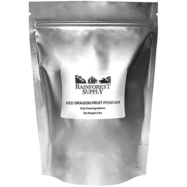 A silver bag of Dragon Fruit Powder with a white label.