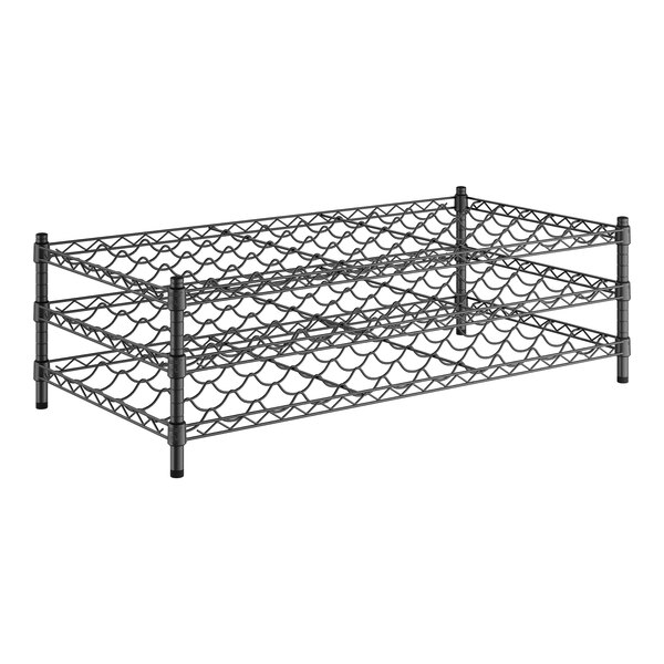 A black wire Regency wine rack with three shelves.