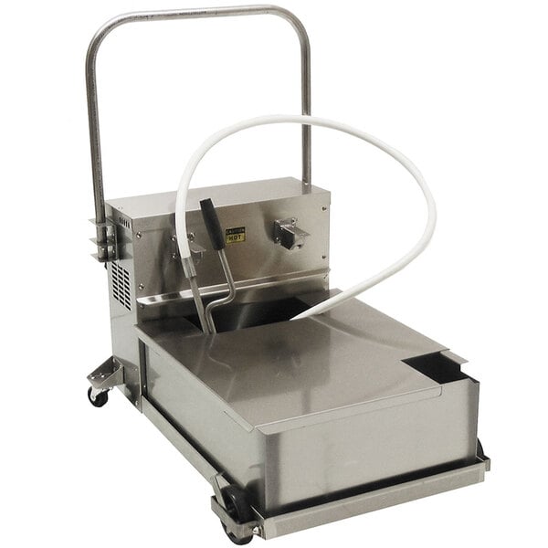 A Winston Industries fryer oil filtration machine with a white tube.