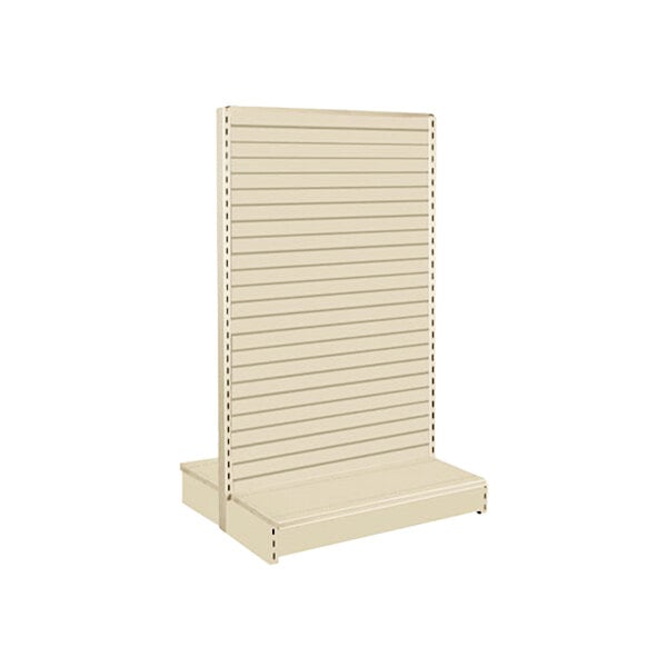 A beige double-sided slatwall gondola shelf with a rectangular base.