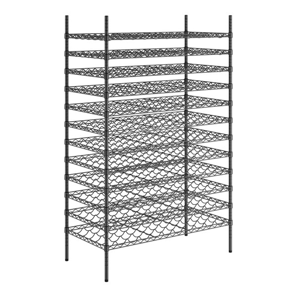A Regency black metal wire wine rack with 12 shelves.
