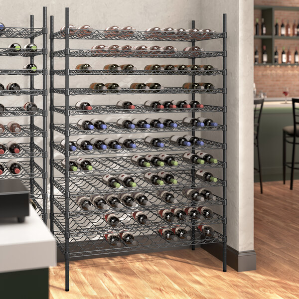 A black Regency wire wine rack filled with wine bottles.