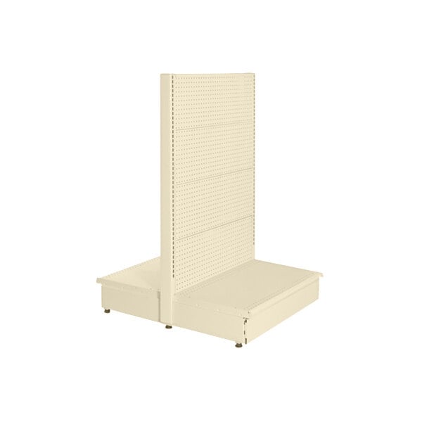 A beige double-sided pegboard gondola display stand with shelves on top of it.