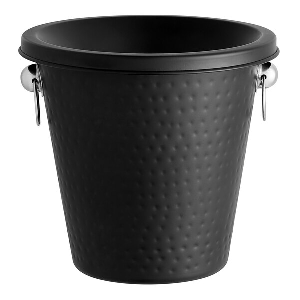 A black hammered stainless steel bucket with silver handles.