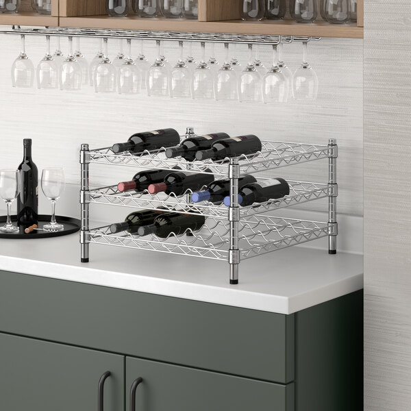 A Regency chrome wire wine rack holding wine bottles.