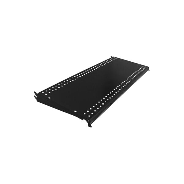 A black rectangular metal shelf with holes in it.