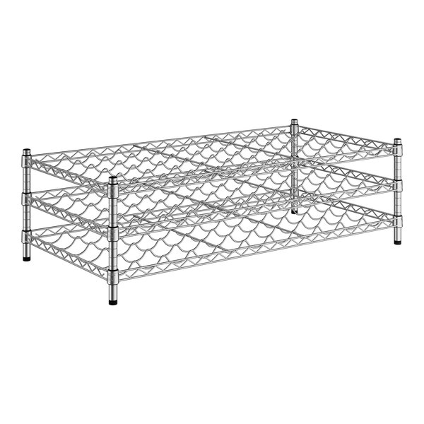 A Regency chrome wire wine rack with three shelves.