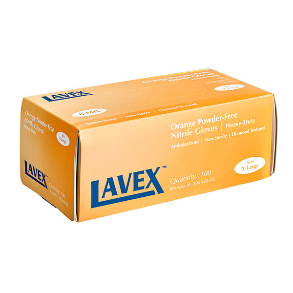 A box of Lavex Pro Nitrile heavy-duty gloves with an orange diamond texture.