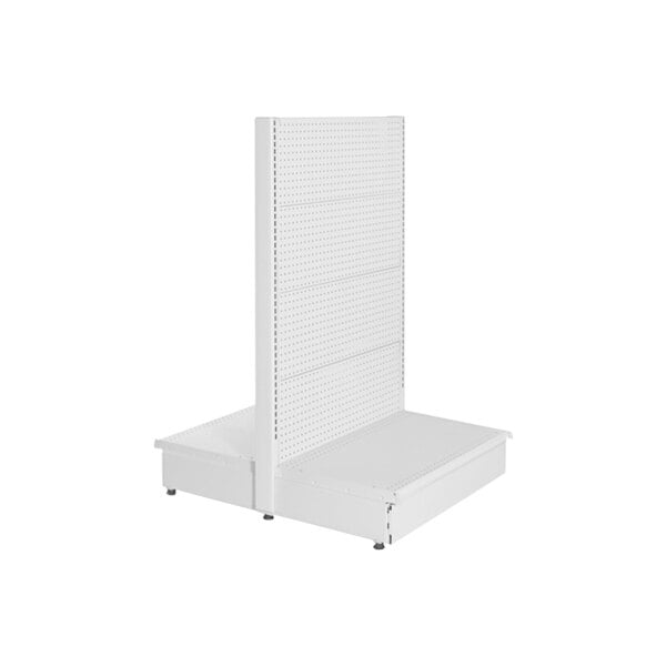 A white double-sided pegboard gondola with black wheels.