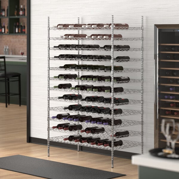 A Regency chrome wire wine rack with bottles of wine on it.