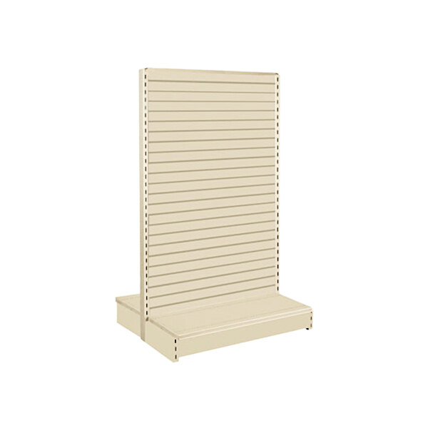 A beige slatwall gondola with rectangular base shelves.