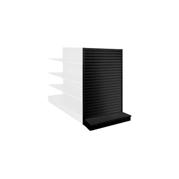 A black gondola shelving unit with slatwall.