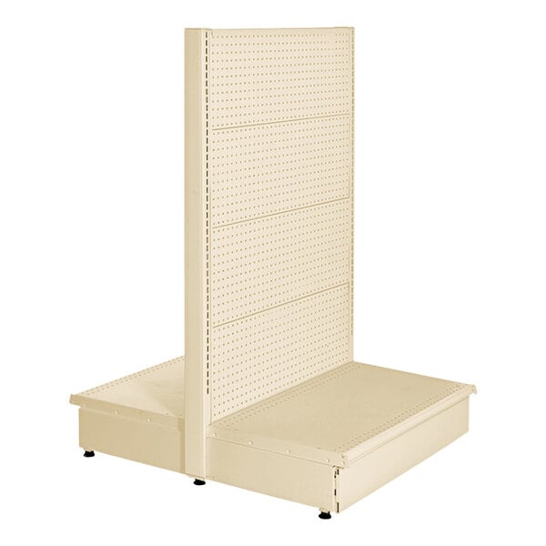 A beige retail display with double-sided pegboard shelves.