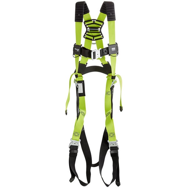 A green Honeywell Miller full-body harness with black straps.