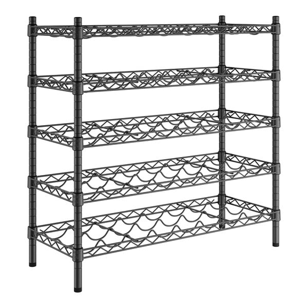 A black metal Regency wire wine rack with five shelves holding wine bottles.