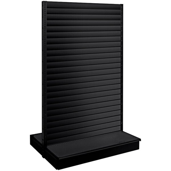 A black double-sided slatwall gondola shelving unit.