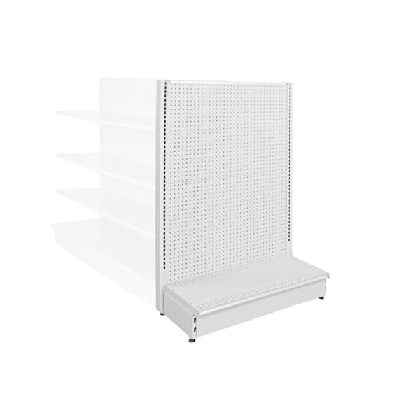 A white single-sided pegboard end cap gondola merchandiser with shelves.