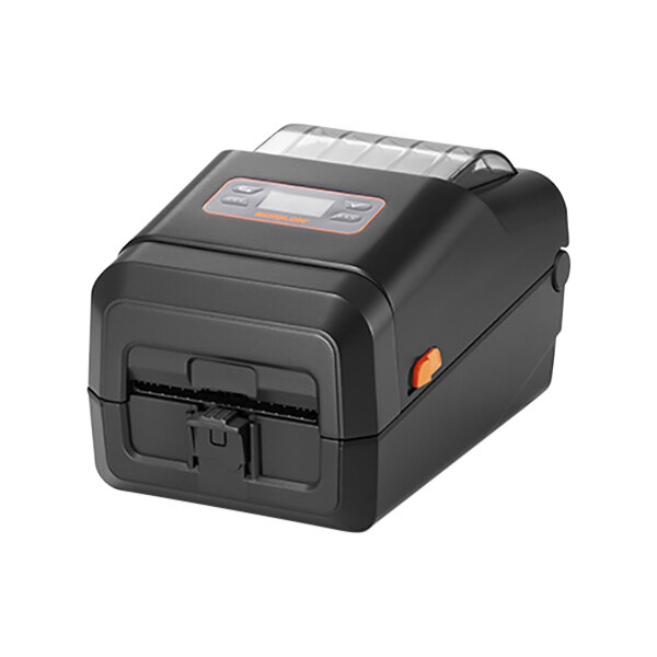 A black Bixolon label printer with an LCD display.