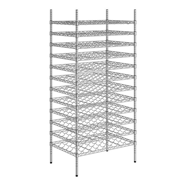 A Regency chrome wire wine rack with shelves holding wine bottles.