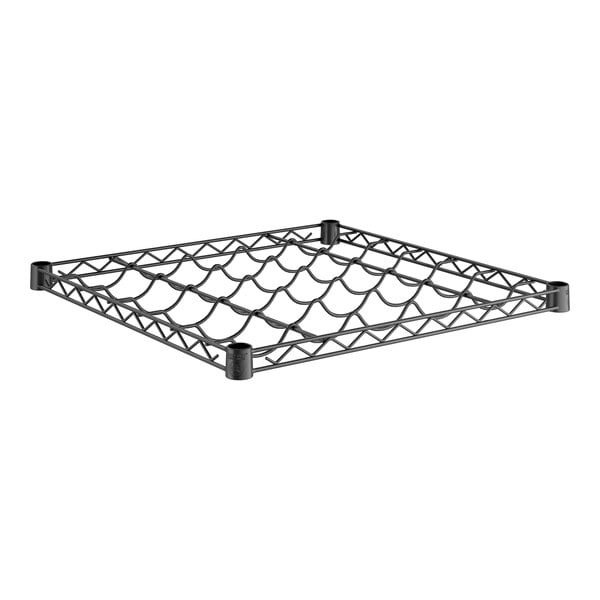 A black metal grid shelf for wine bottles.