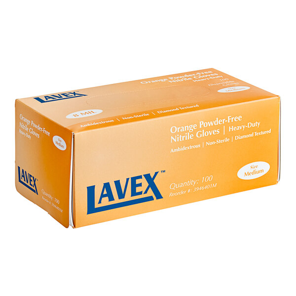 A box of Lavex Pro orange nitrile gloves with diamond texture on a white background.