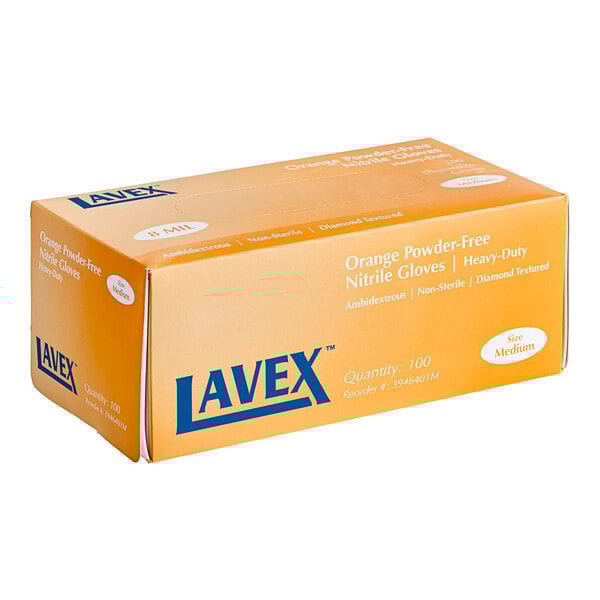 A white box of Lavex Pro orange nitrile gloves.