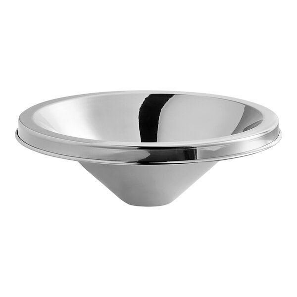 A stainless steel Acopa lid with a black rim and a ring.