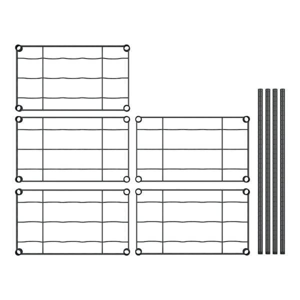 A Regency black metal wire wine rack with shelves and posts.